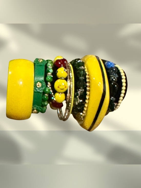 Signature Faith Jewelry - Boho Beaded Bracelet Stack Yellow Green Resin Wood Smiley Face Stretch Set
